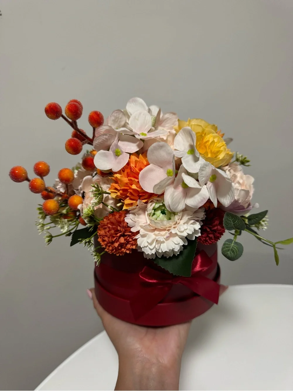 Handmade Artificial Floral Arrangement in Burgundy Hatbox – Fall Home Decor